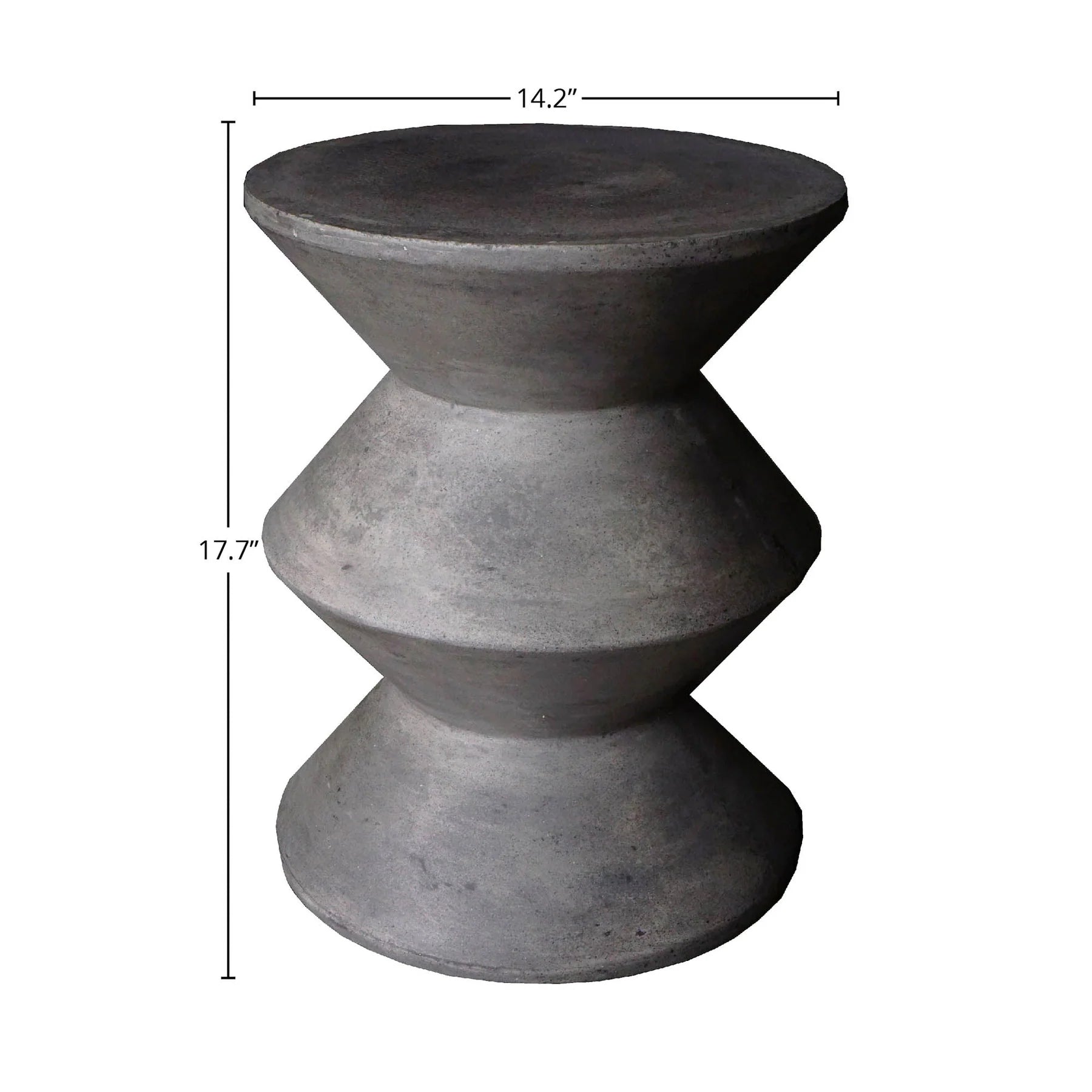 Front view of the sculptural side table in dark grey concrete featuring three stacked inverted cone sections for a bold geometric silhouette