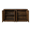 Front view with all four cabinet doors open to reveal the spacious dark-finished interior and fixed central wooden shelves