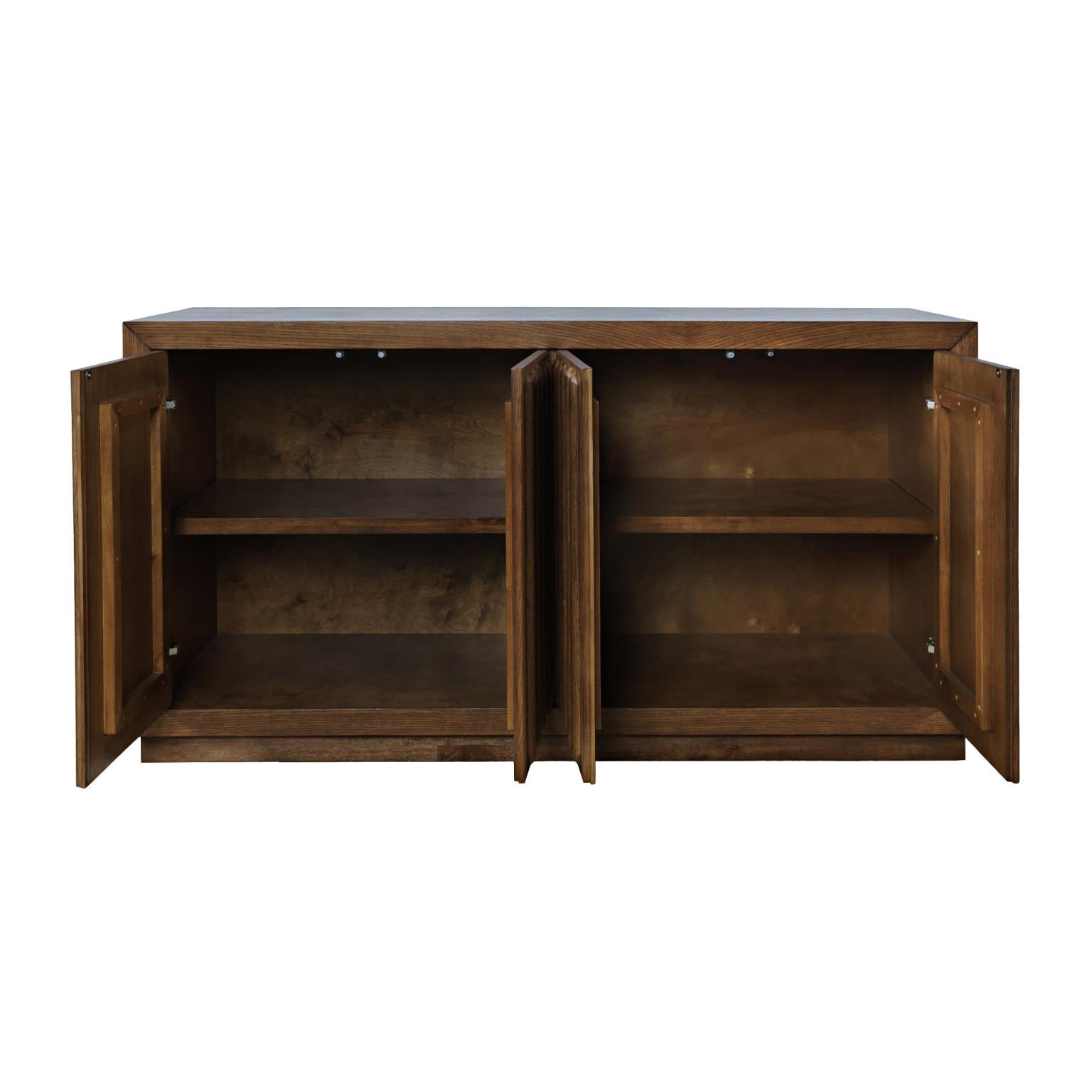 Front perspective view of the Skap 4-door sideboard in a dark oak finish featuring vertical fluted door panels and a matching plinth base