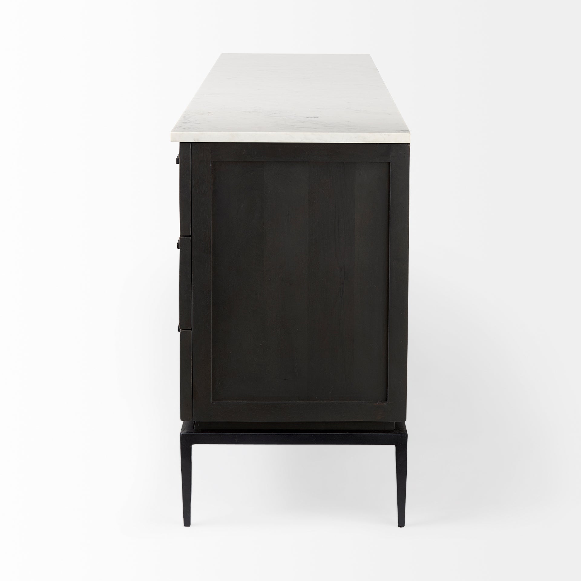 Front perspective view of the Gemma sideboard featuring a dark charcoal wood finish, a white marble top, and slim black metal legs