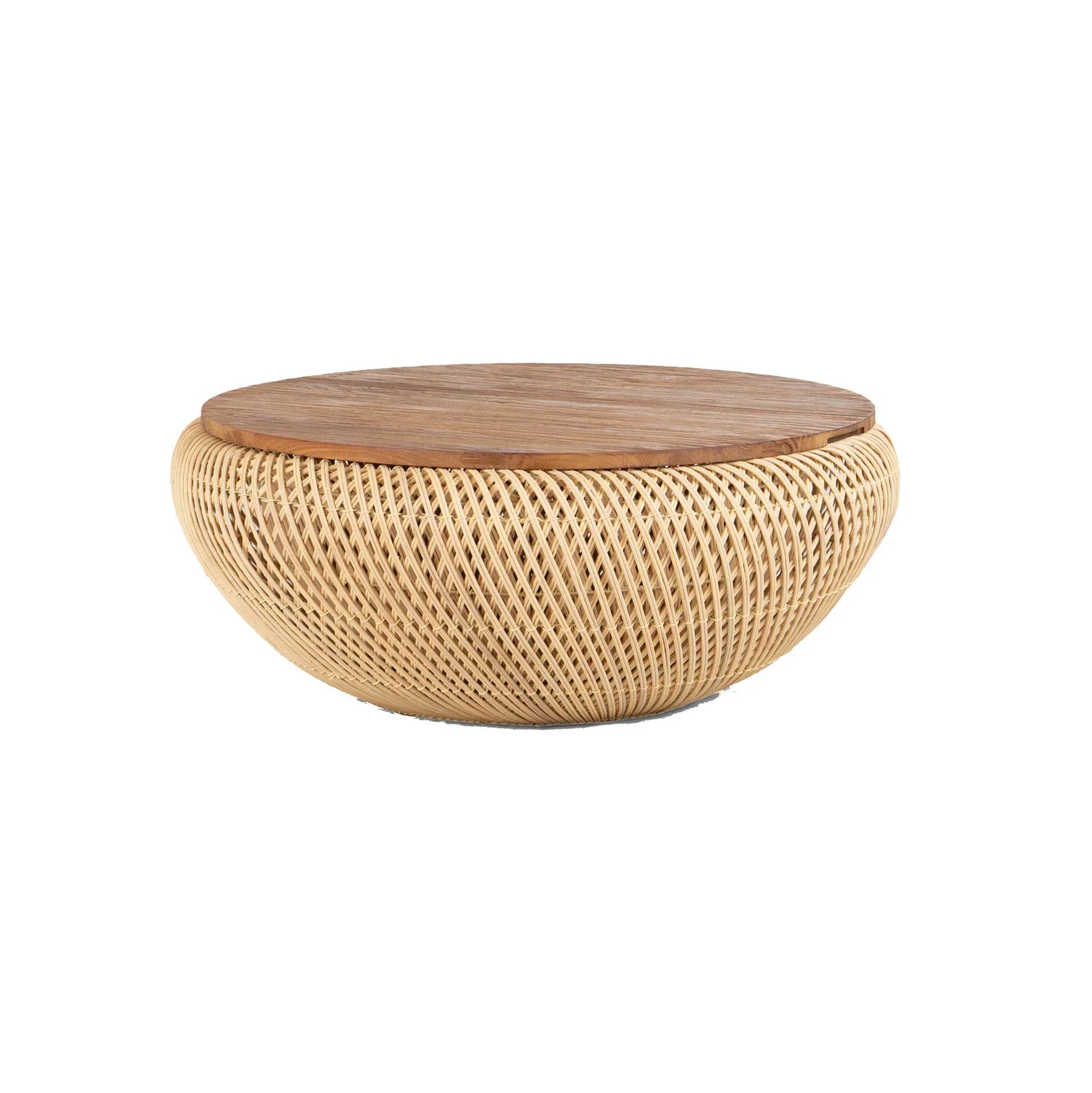 Front view of the large D-Bodhi Wave coffee table featuring a rounded woven abaca base in a natural finish with a solid recycled wood tabletop