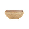 Front view of the large D-Bodhi Wave coffee table featuring a rounded woven abaca base in a natural finish with a solid recycled wood tabletop
