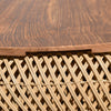 Macro view of the solid wood tabletop highlighting the rich natural grain and unique characteristics of the recycled timber