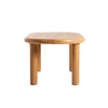 Alternative high-angle perspective view showcasing the smooth white marble surface and the warm natural wood grain of the base