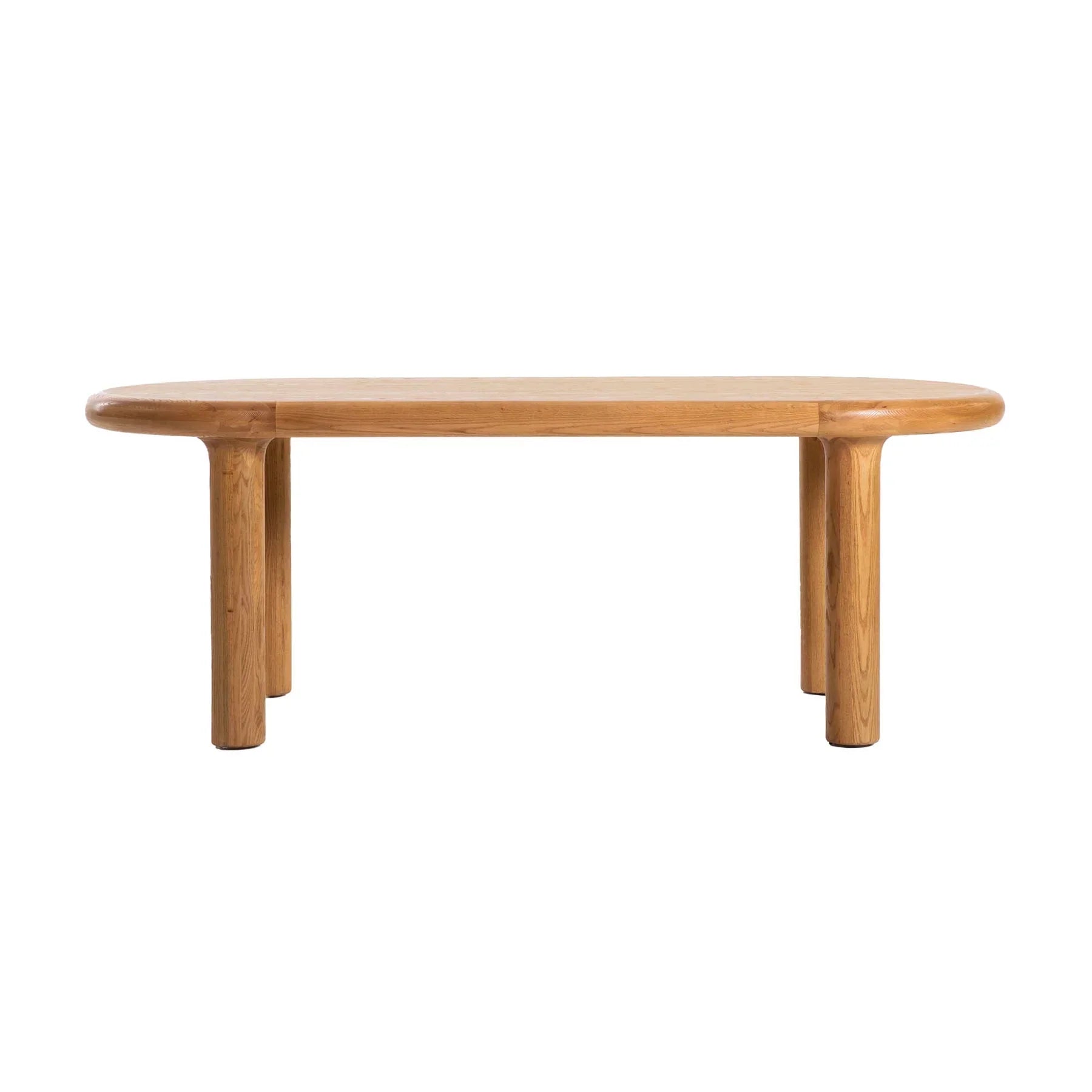 Front view of the Destiny oval dining table featuring a white marble-patterned top and a natural oak double pedestal base
