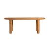 Front view of the Destiny oval dining table featuring a white marble-patterned top and a natural oak double pedestal base