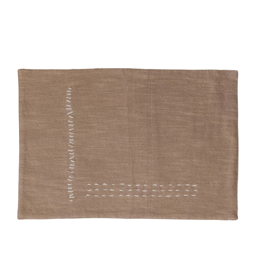 Hand-Embroidered Cotton Slub Placemat, Tan Color