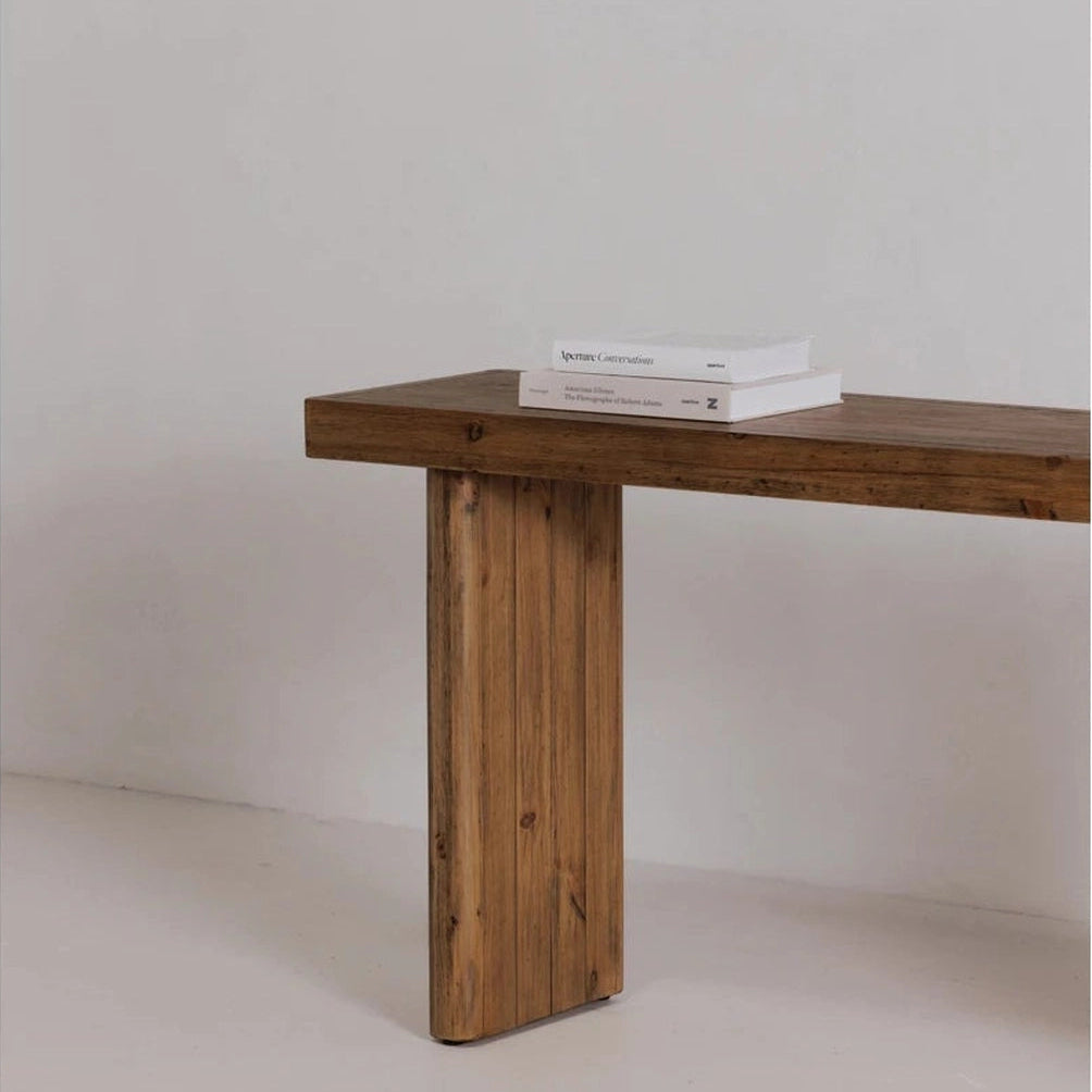 Close-up shot highlighting the natural knots, distressed textures, and light blonde tones of the handcrafted solid wood