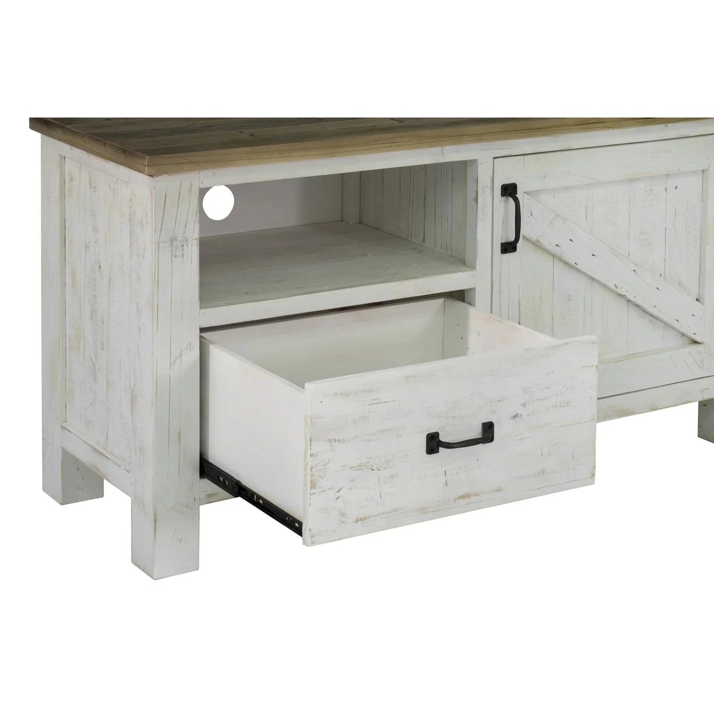 Perspective view with the storage drawer open and sliding door moved to show flexible organization options