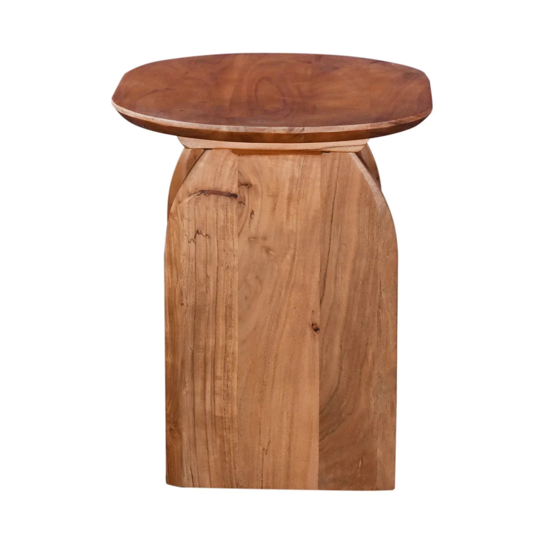 Side profile view emphasizing the slender depth of the vertical slab supports and the overhanging oval tabletop