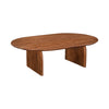 Perspective view highlighting the smooth oval tabletop and the unique curved profile of the solid wood legs