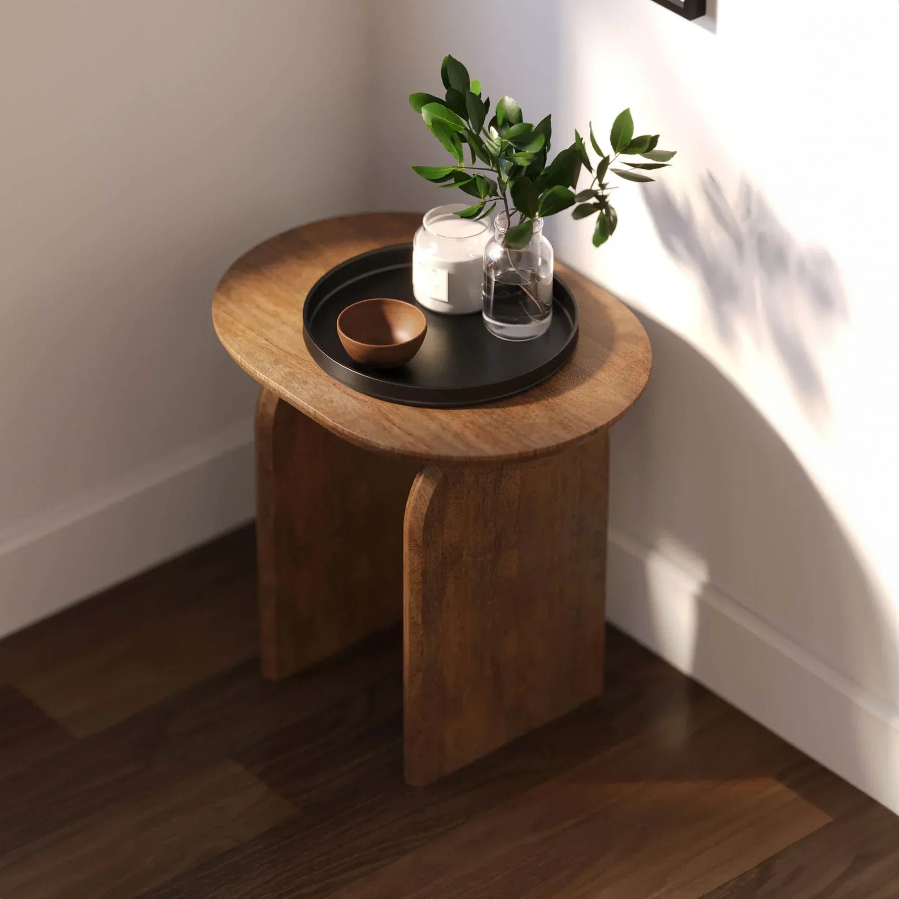 Side profile view emphasizing the slender depth of the vertical slab supports and the overhanging oval tabletop