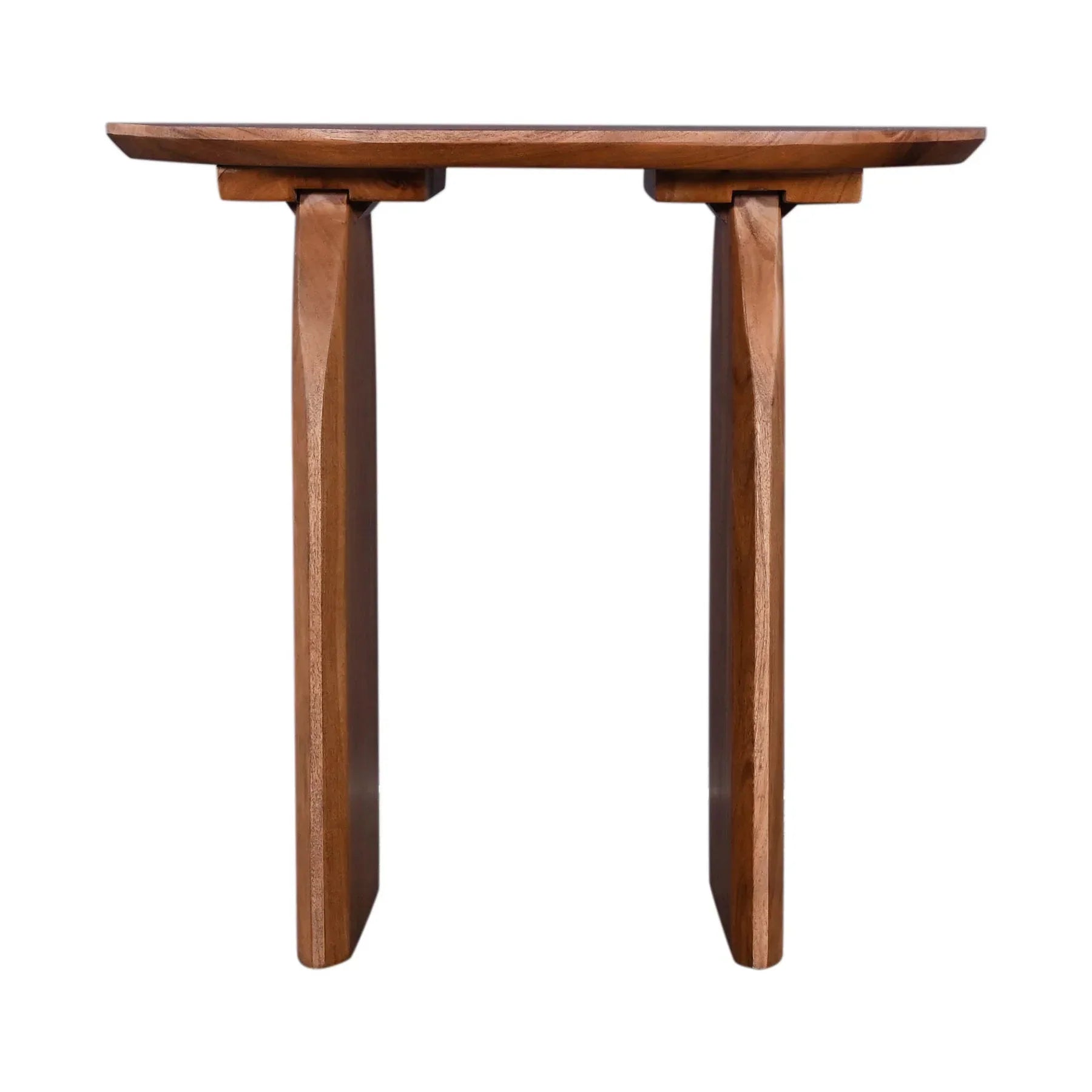 Side profile view emphasizing the slender depth of the vertical slab supports and the overhanging oval tabletop