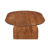 Side profile view focusing on the wide sculptural slab legs that support the oval tabletop