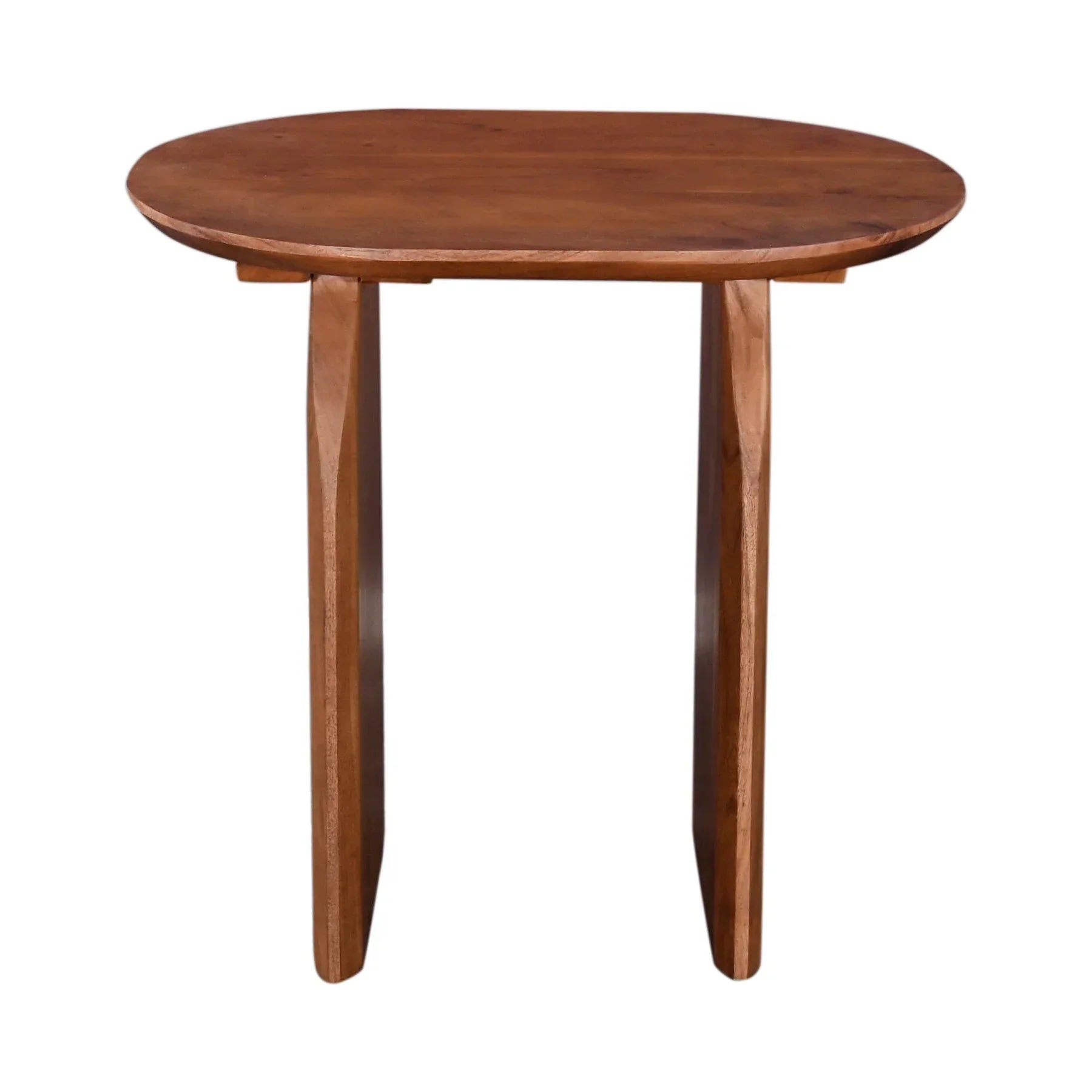 Side profile view emphasizing the slender depth of the vertical slab supports and the overhanging oval tabletop