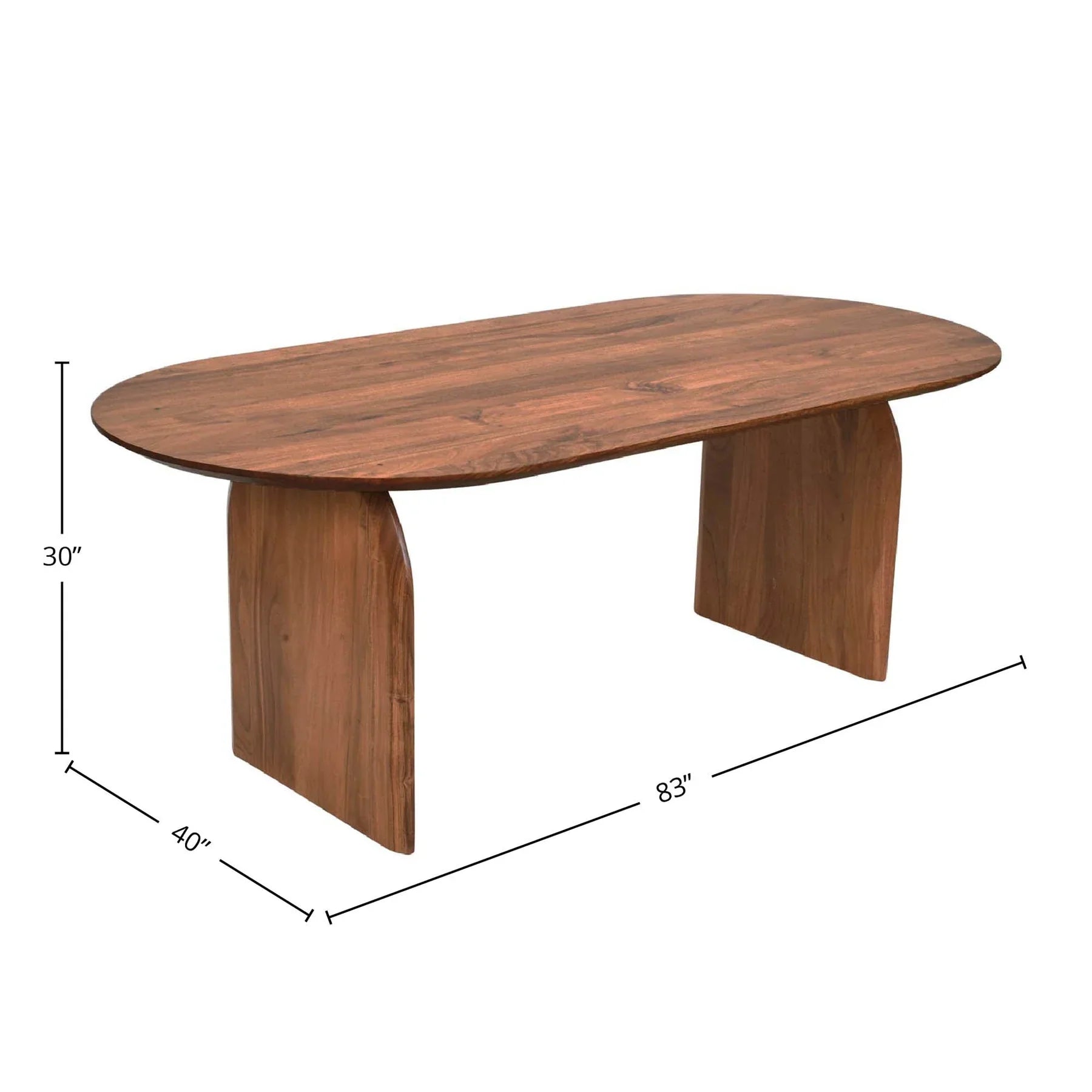 Front view of the Domingo oval dining table featuring a rich walnut finish and elegant curved pedestal leg supports