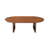 Front view of the Domingo oval coffee table in a warm walnut finish featuring two sculptural slab legs