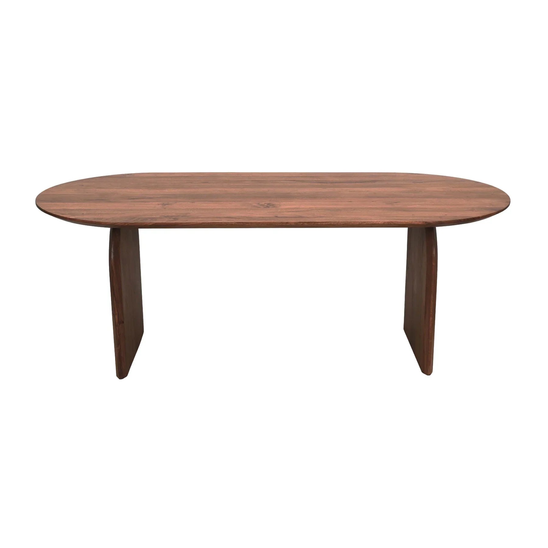 Front view of the Domingo oval dining table featuring a rich walnut finish and elegant curved pedestal leg supports