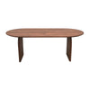 Front view of the Domingo oval dining table featuring a rich walnut finish and elegant curved pedestal leg supports