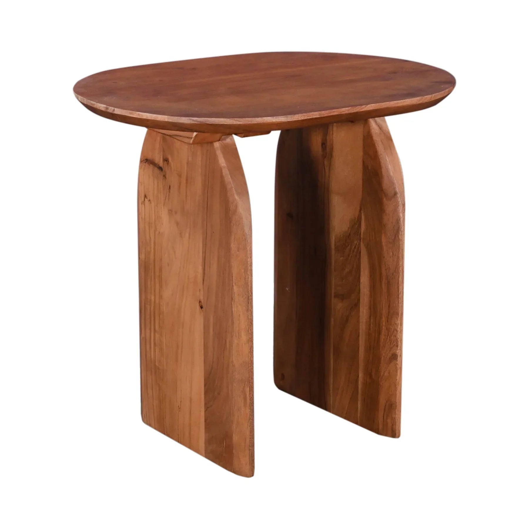 Side profile view emphasizing the slender depth of the vertical slab supports and the overhanging oval tabletop