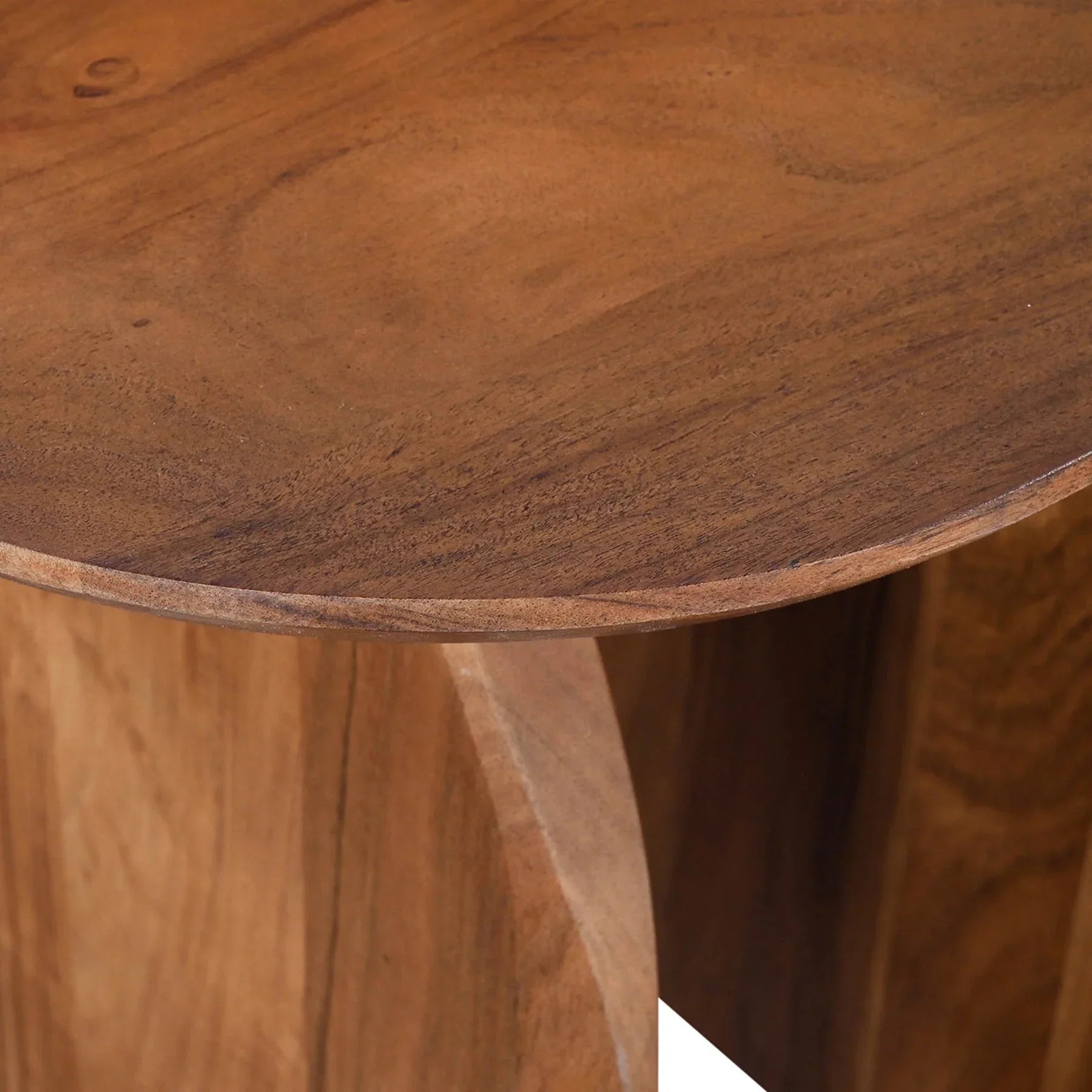 Side profile view emphasizing the slender depth of the vertical slab supports and the overhanging oval tabletop