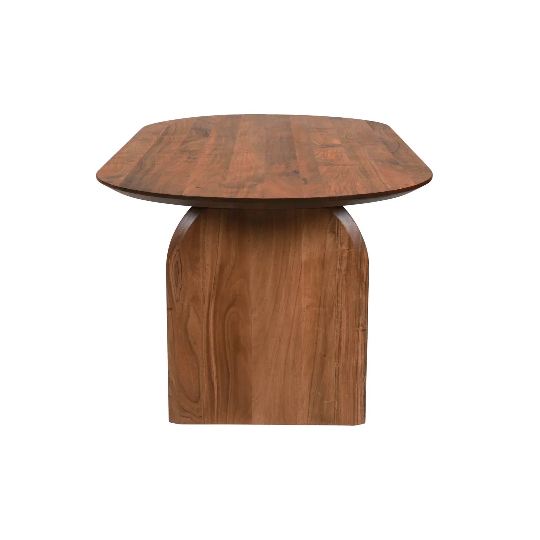 Front view of the Domingo oval dining table featuring a rich walnut finish and elegant curved pedestal leg supports