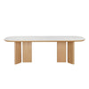 Front view of the Donton oval dining table featuring a white marble-patterned top and a natural oak double pedestal base