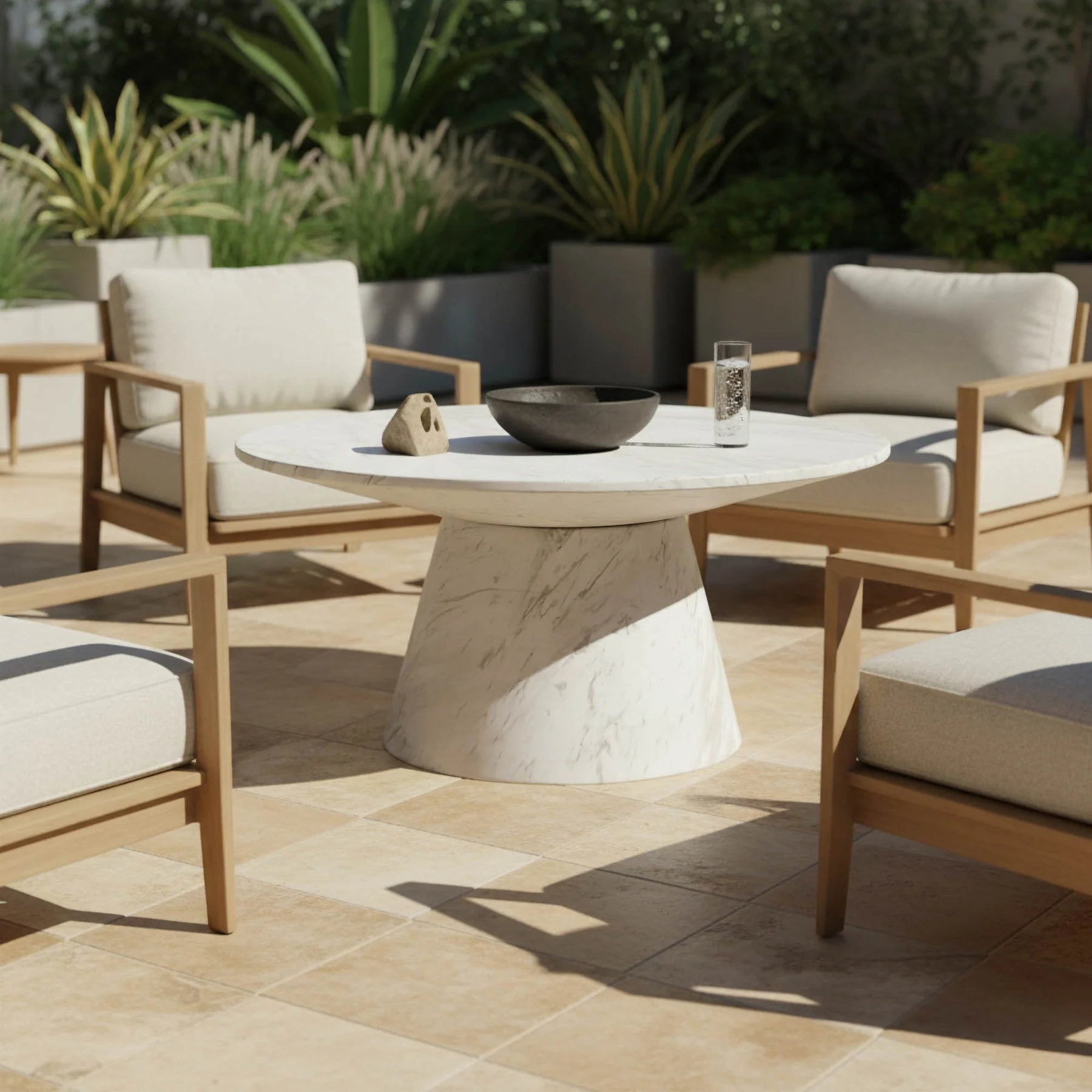 Lifestyle shot featuring the Dream Blanco marble coffee table styled on a modern patio with neutral upholstered lounge chairs