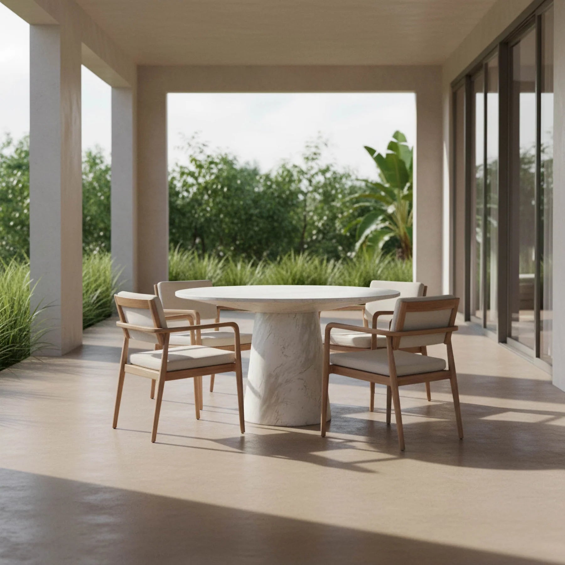 Front view of the Dream round dining table in a Blanco white marble finish featuring a wide circular top and a solid tapered pedestal base