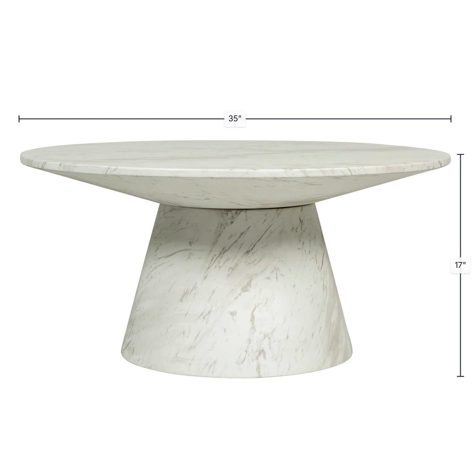Technical view with dimension lines showing the 35-inch diameter and 15-inch height of the Dream Blanco marble table