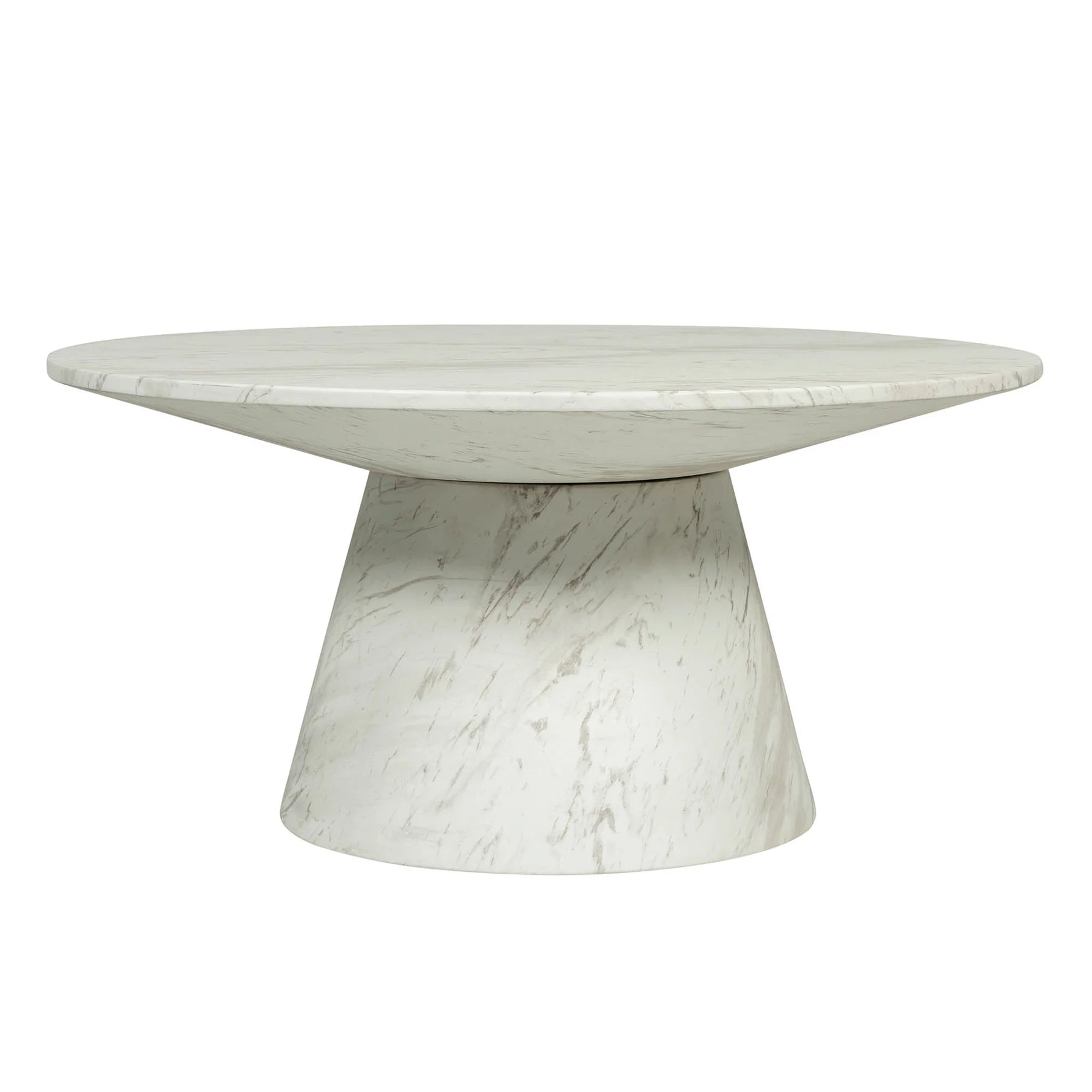 Front view of the Dream Blanco coffee table featuring a circular white marble top and a matching conical pedestal base