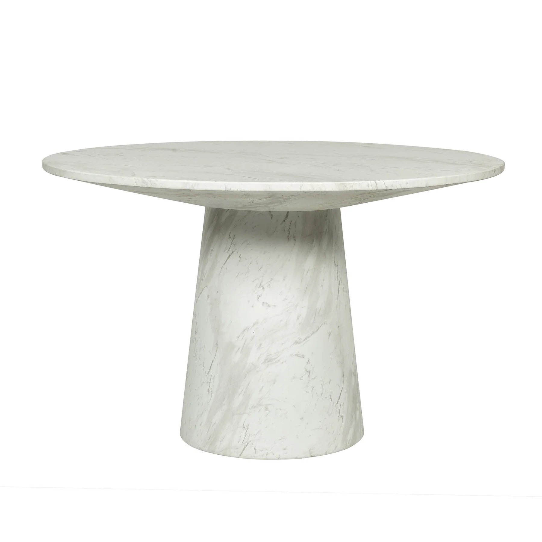 Front view of the Dream round dining table in a Blanco white marble finish featuring a wide circular top and a solid tapered pedestal base