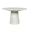 Front view of the Dream round dining table in a Blanco white marble finish featuring a wide circular top and a solid tapered pedestal base