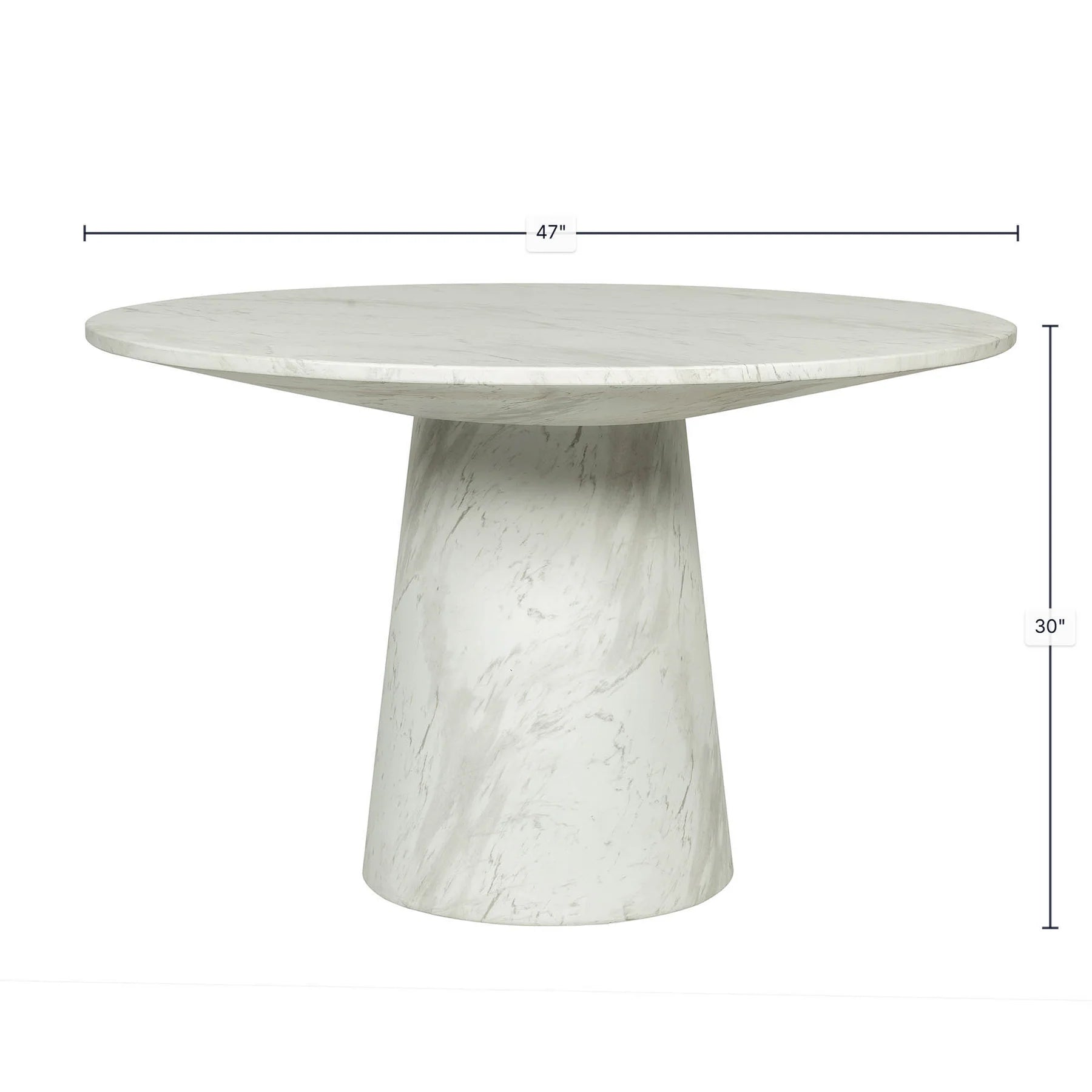 Front view of the Dream round dining table in a Blanco white marble finish featuring a wide circular top and a solid tapered pedestal base