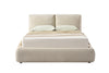 Front view of the Drom upholstered storage bed featuring a low-profile cream bouclé frame and a unique split-panel cushioned headboard