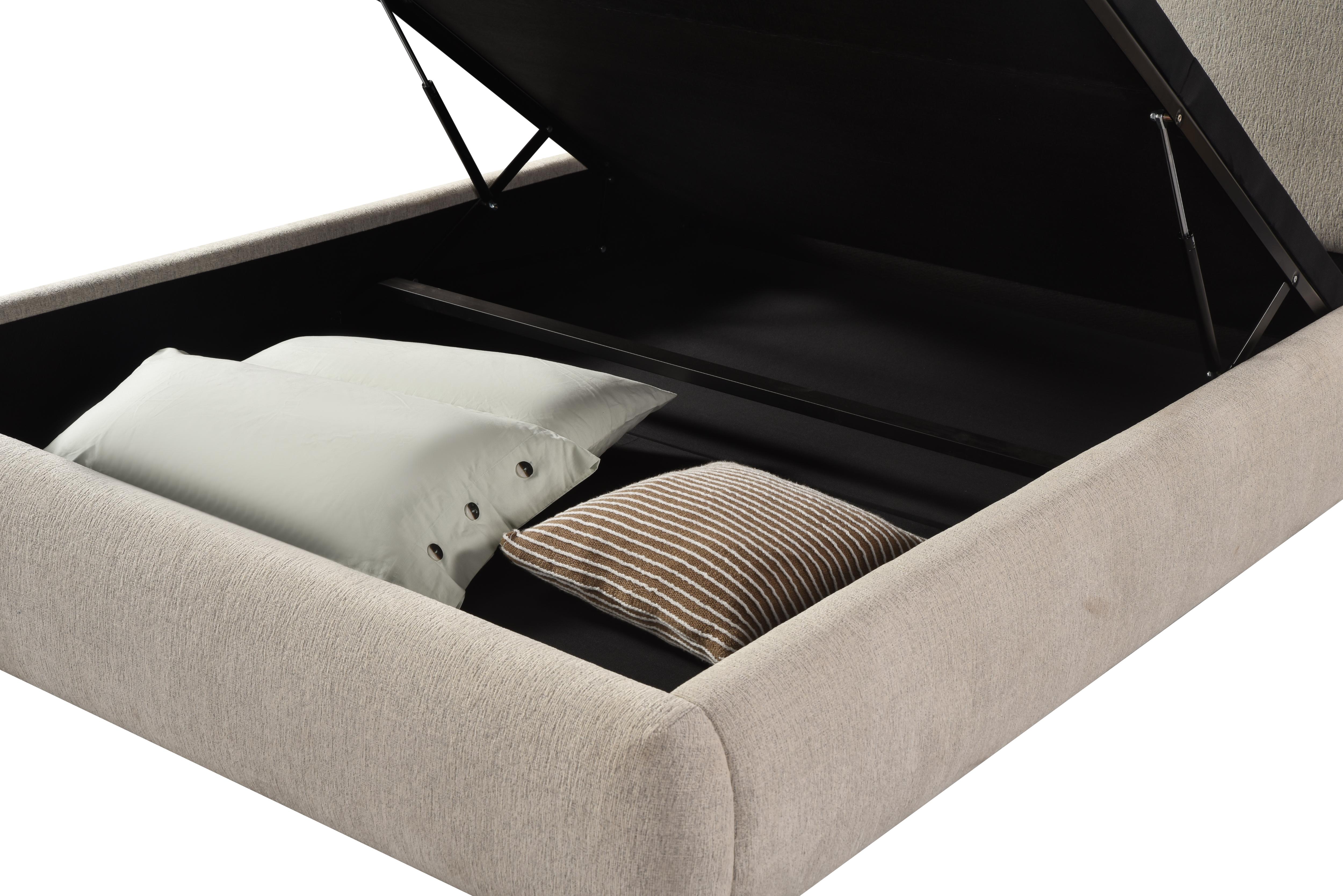 Front view of the Drom upholstered storage bed featuring a low-profile cream bouclé frame and a unique split-panel cushioned headboard
