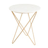 Front view of the Earth Wind and Fire side table featuring a circular white marble top and a sculptural gold-finished geometric wire base