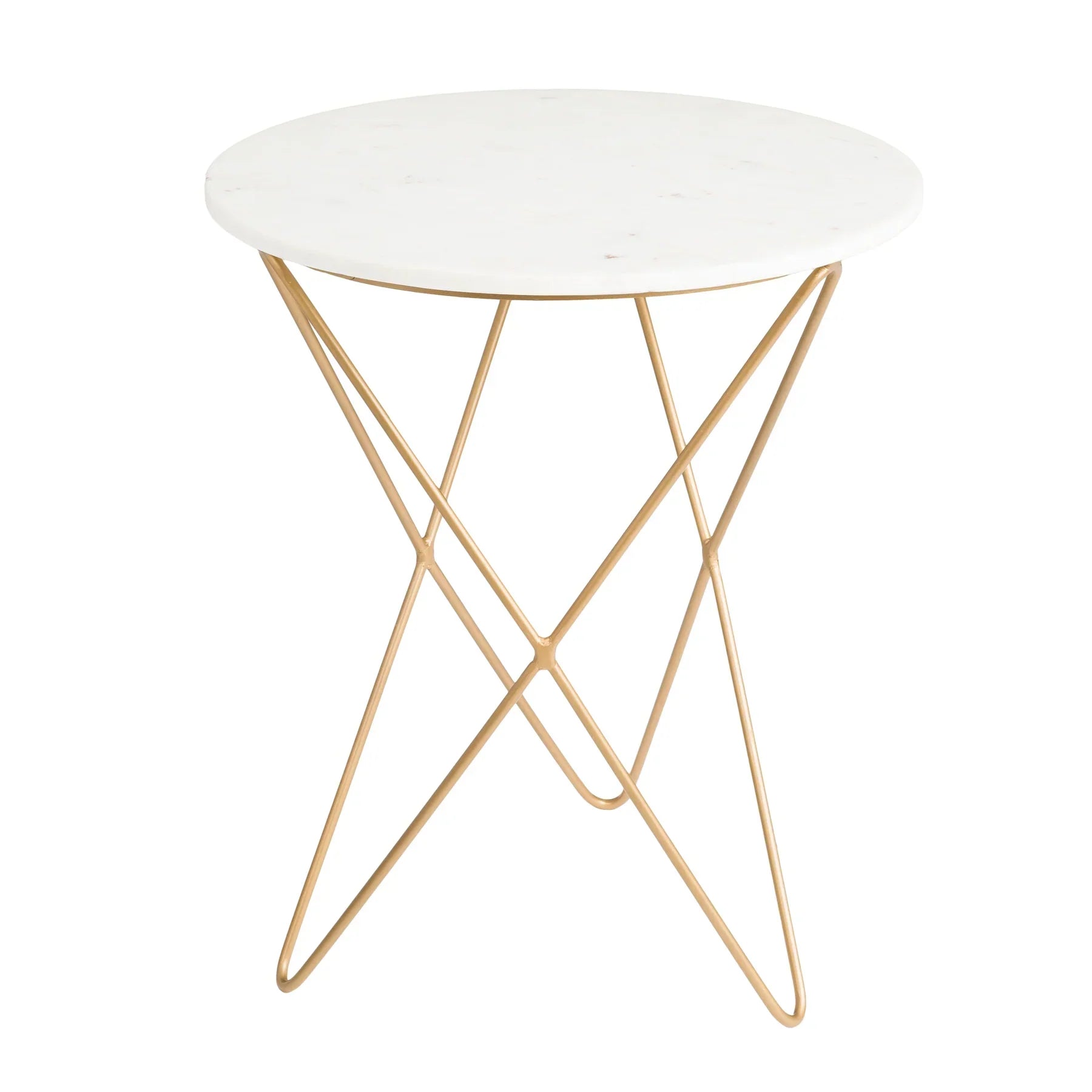 Front view of the Earth Wind and Fire side table featuring a circular white marble top and a sculptural gold-finished geometric wire base