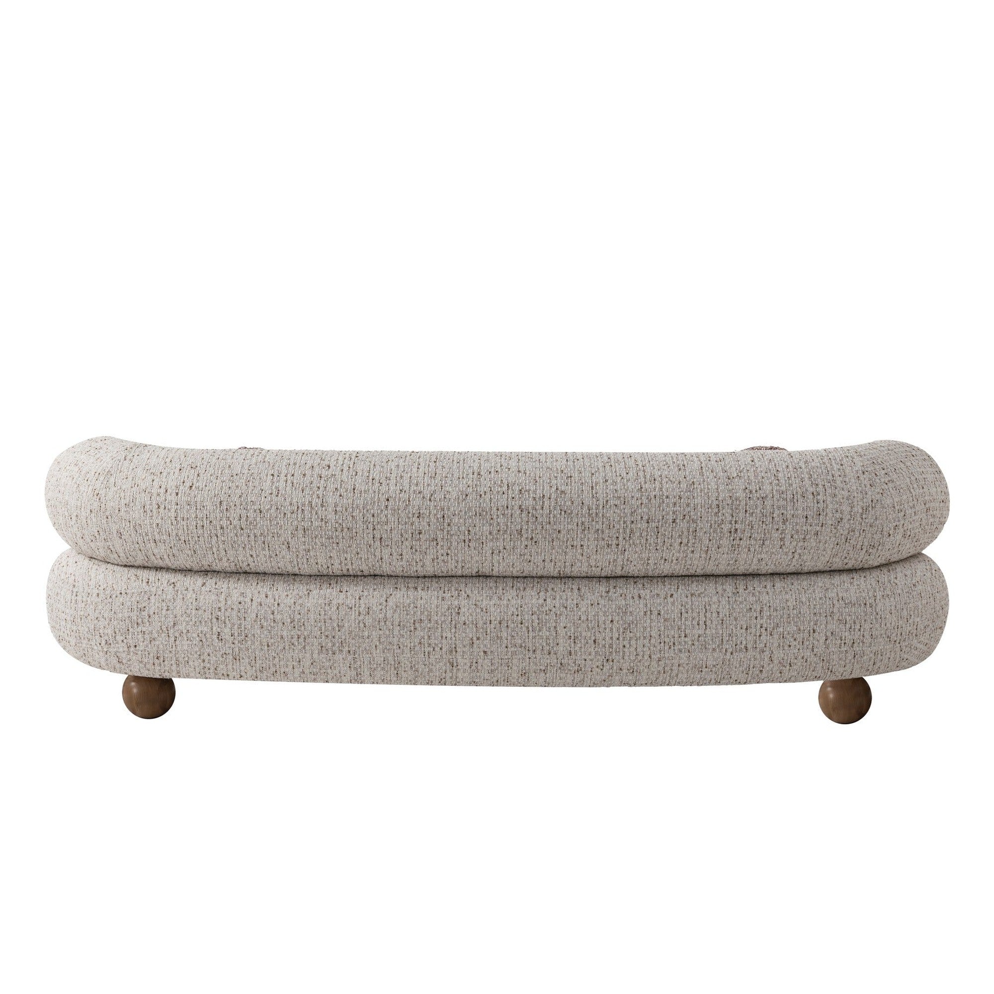 Ebba sofa in textured cream fabric with rounded arms and decorative circular pillows