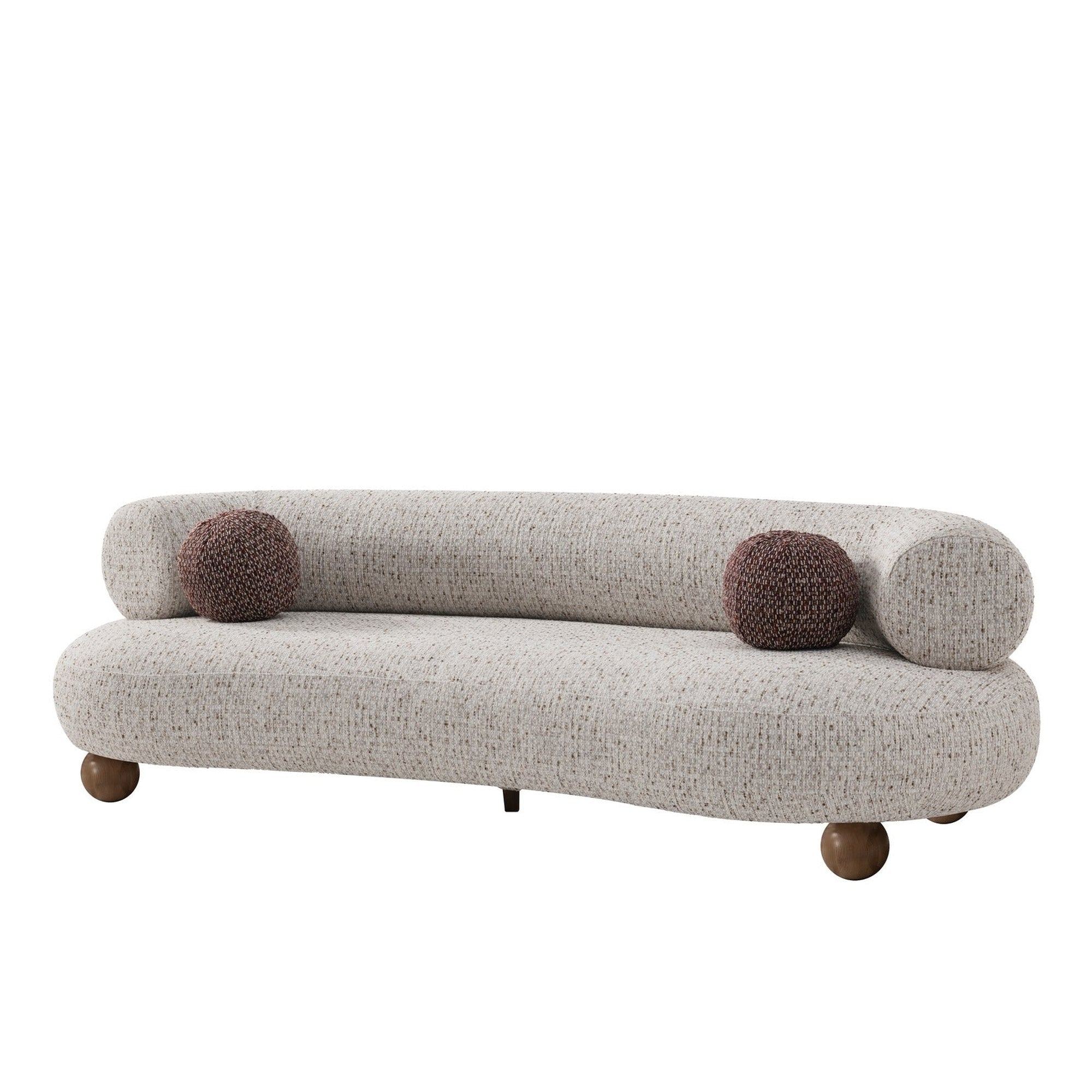 Ebba sofa in textured cream fabric with rounded arms and decorative circular pillows