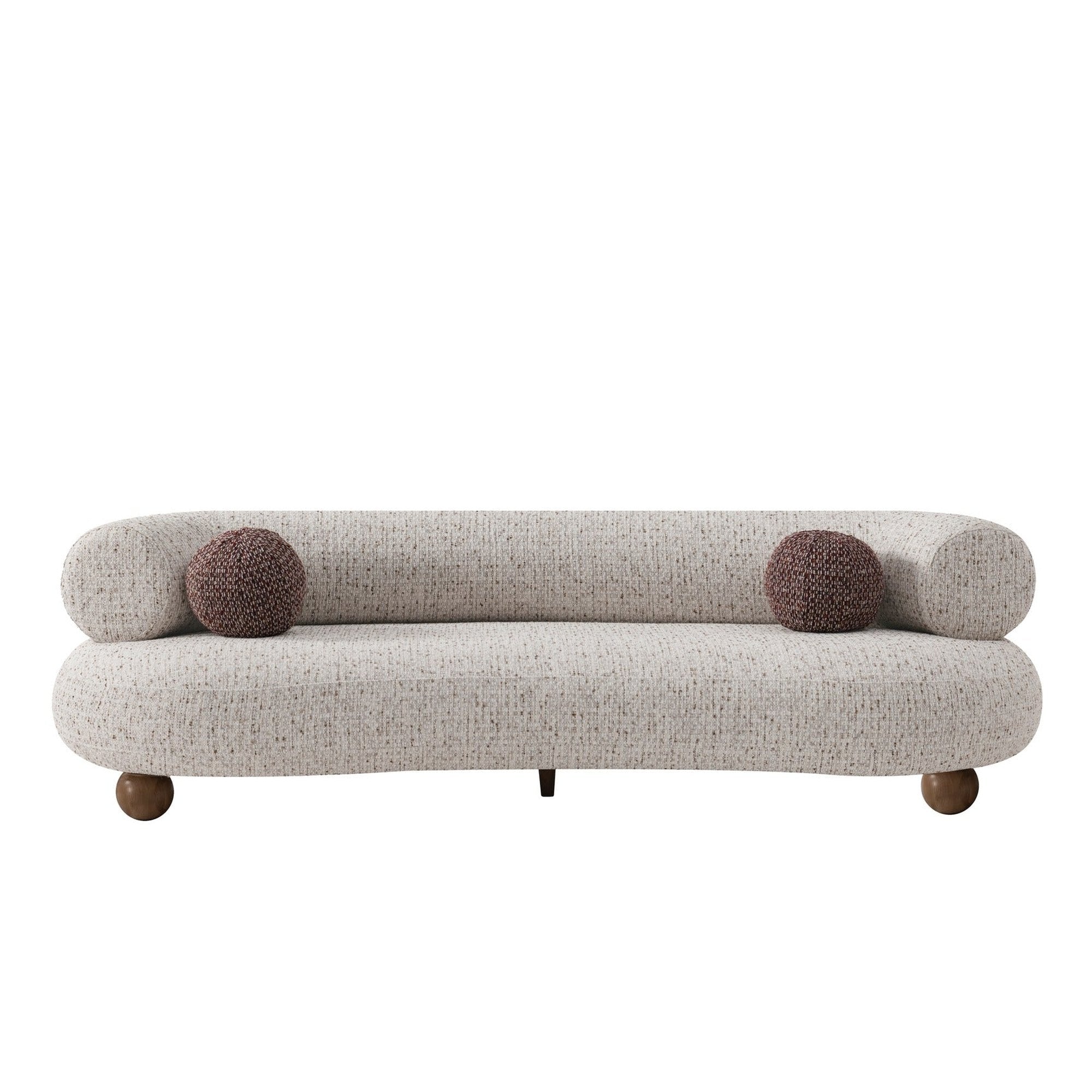 Ebba sofa in textured cream fabric with rounded arms and decorative circular pillows