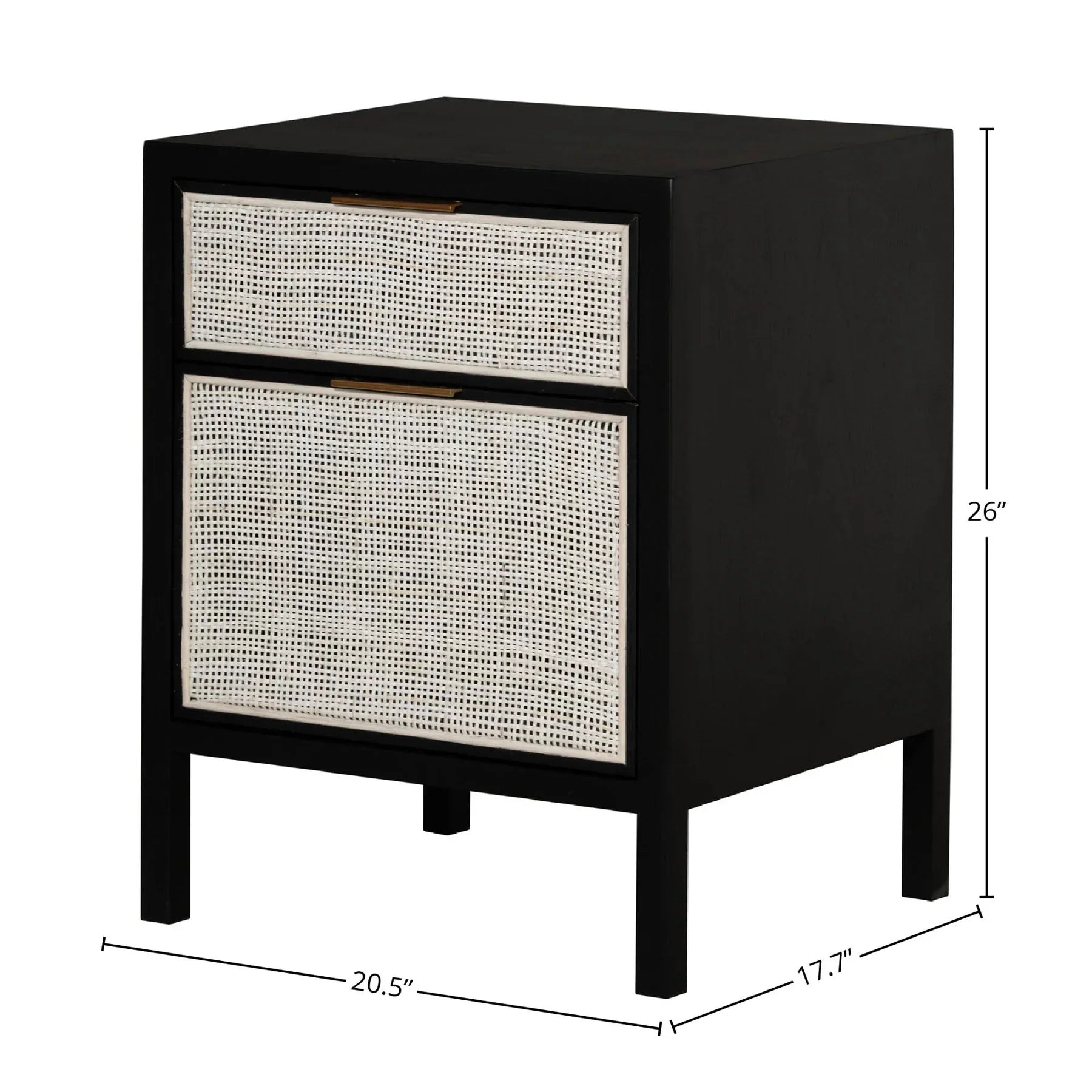 Straight-on front view highlighting the symmetrical black frame and the organic texture of the light-toned rattan drawer inserts