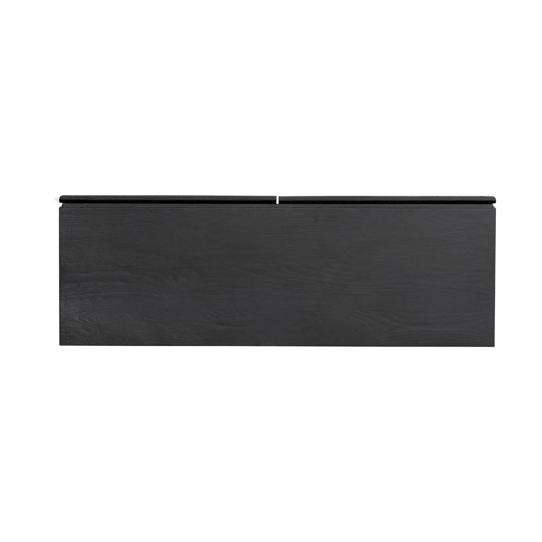 Front view of the Cane console table in a black finish featuring two drawers with natural woven rattan inlays and slim tapered legs