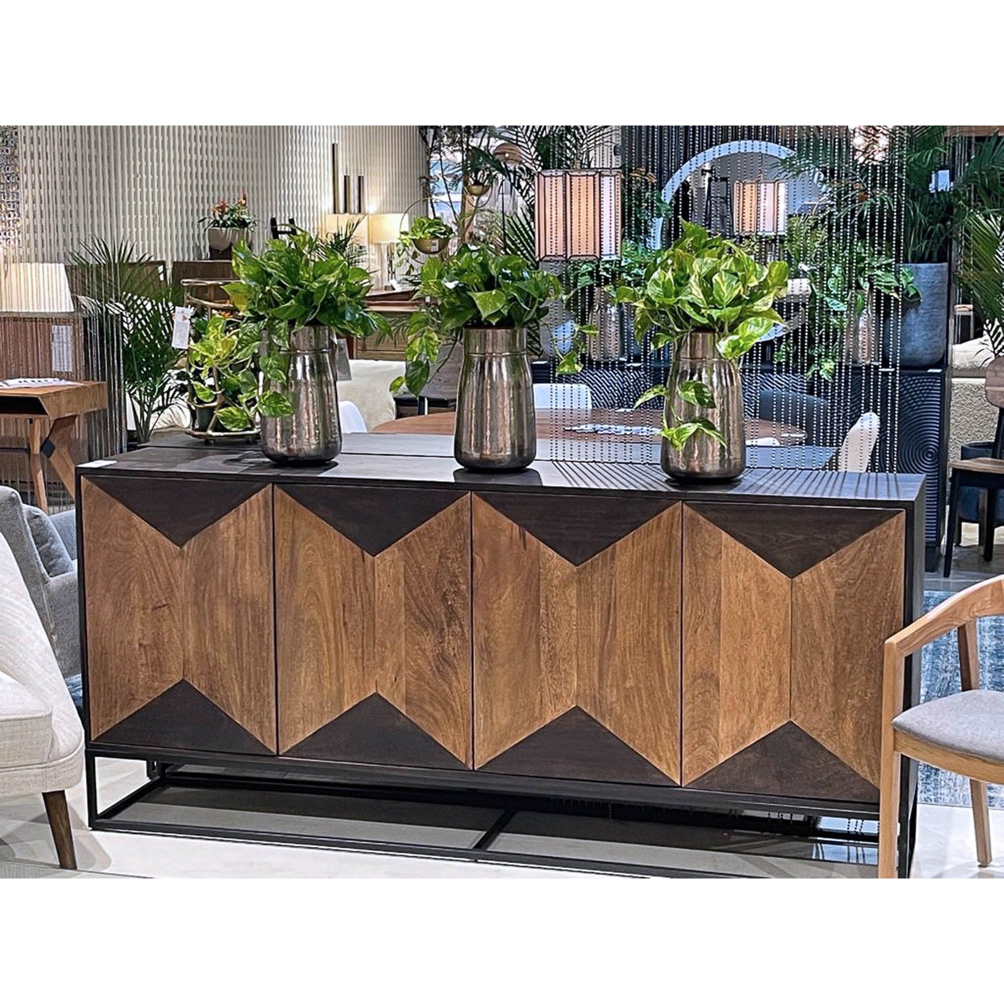 Straight-on front view highlighting the symmetrical geometric diamond pattern and the seamless integration of the cabinet doors