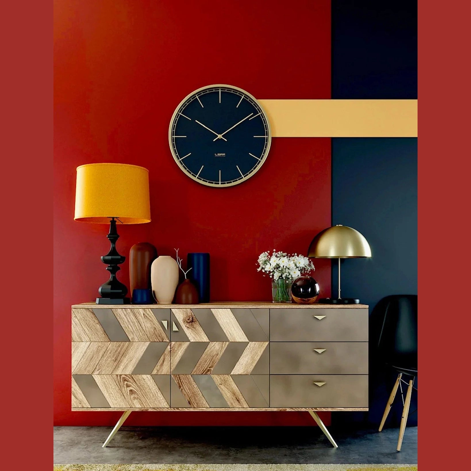 Three-quarter perspective view of the London sideboard featuring a chevron wood pattern combined with solid grey panels and gold tapered legs