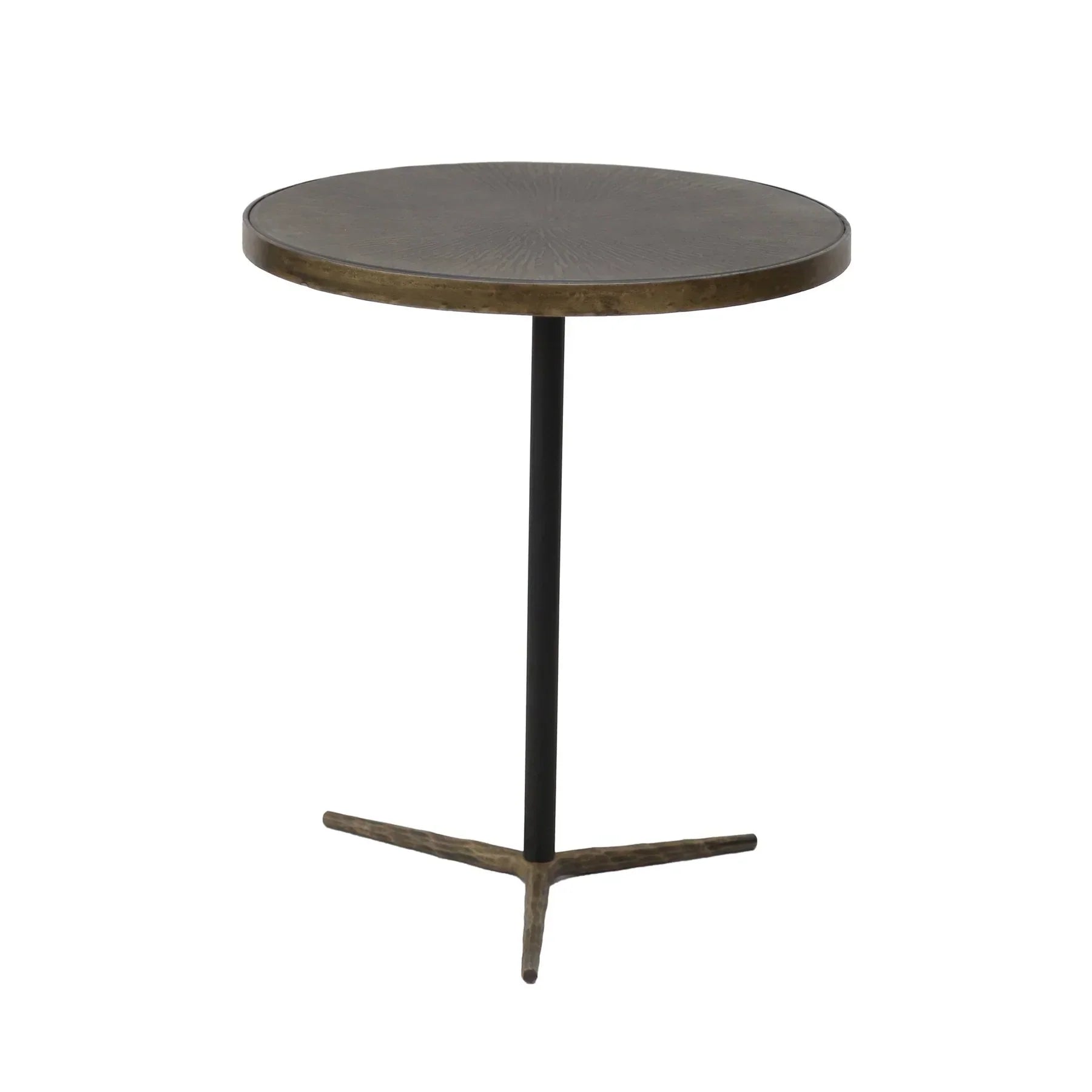Three-quarter view of the Eclipse side table featuring a square black marble top and a slim antique gold metal frame with tapered legs