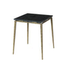 Three-quarter view of the Eclipse side table featuring a square black marble top and a slim antique gold metal frame with tapered legs