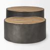 Detail shot showing the hinged wood top of the smaller table partially open to reveal internal storage space