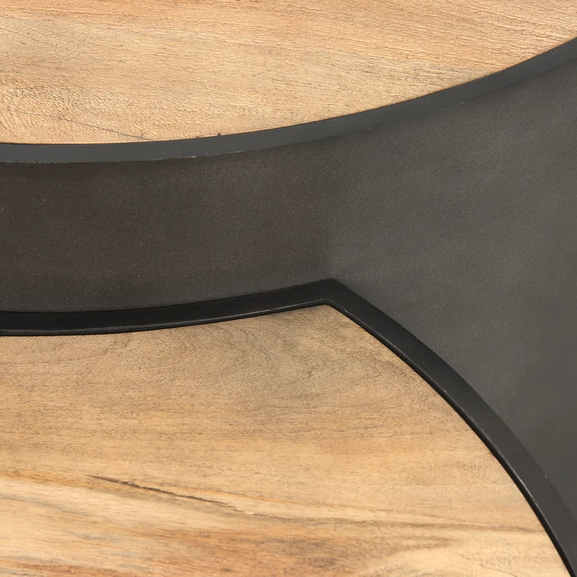 Front view of the Eclipse nesting coffee table set featuring two circular brown wood tops on dark gunmetal gray metal drum bases