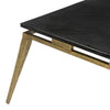 Side profile view highlighting the thin marble tabletop and the lightweight open-frame black metal construction